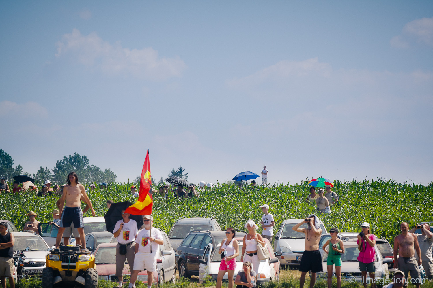 Spectators sitting in a corn field, with umbrellas, around their cars. Terrible heat
