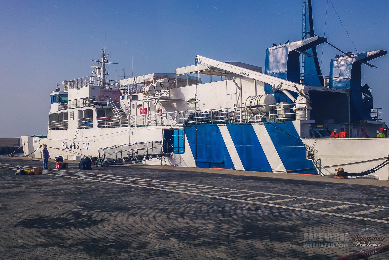 White blue ferry in the port