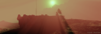 Sunset view of the space base on Mars with a radar dish