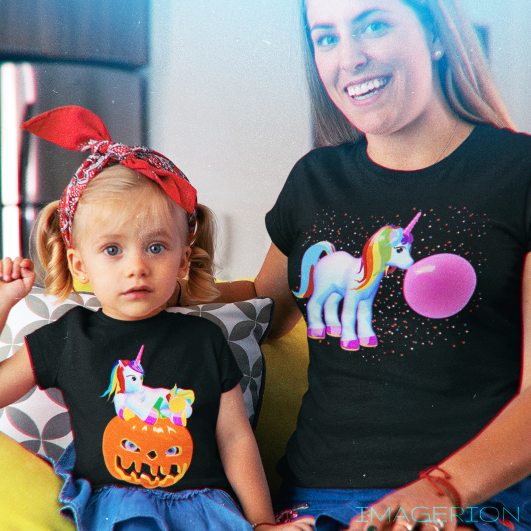 Mom and doughter wearing the cool unicorn shirts