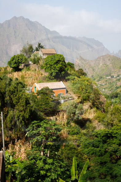 Cabo Verde  landscape village houses in mountains. Santo Antao