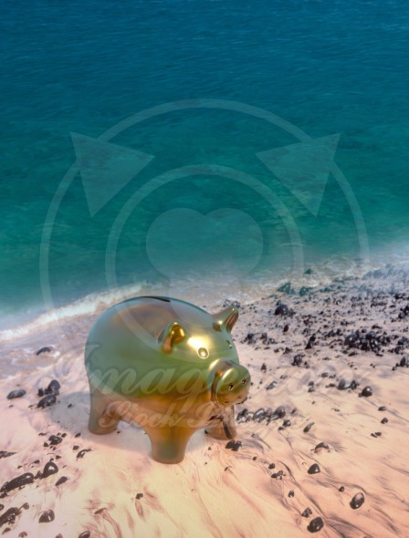 Save for vacation, piggy bank on the beach